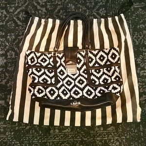 L.A.M.B. by Gwen Stefani large tote handbag black and white geometric design